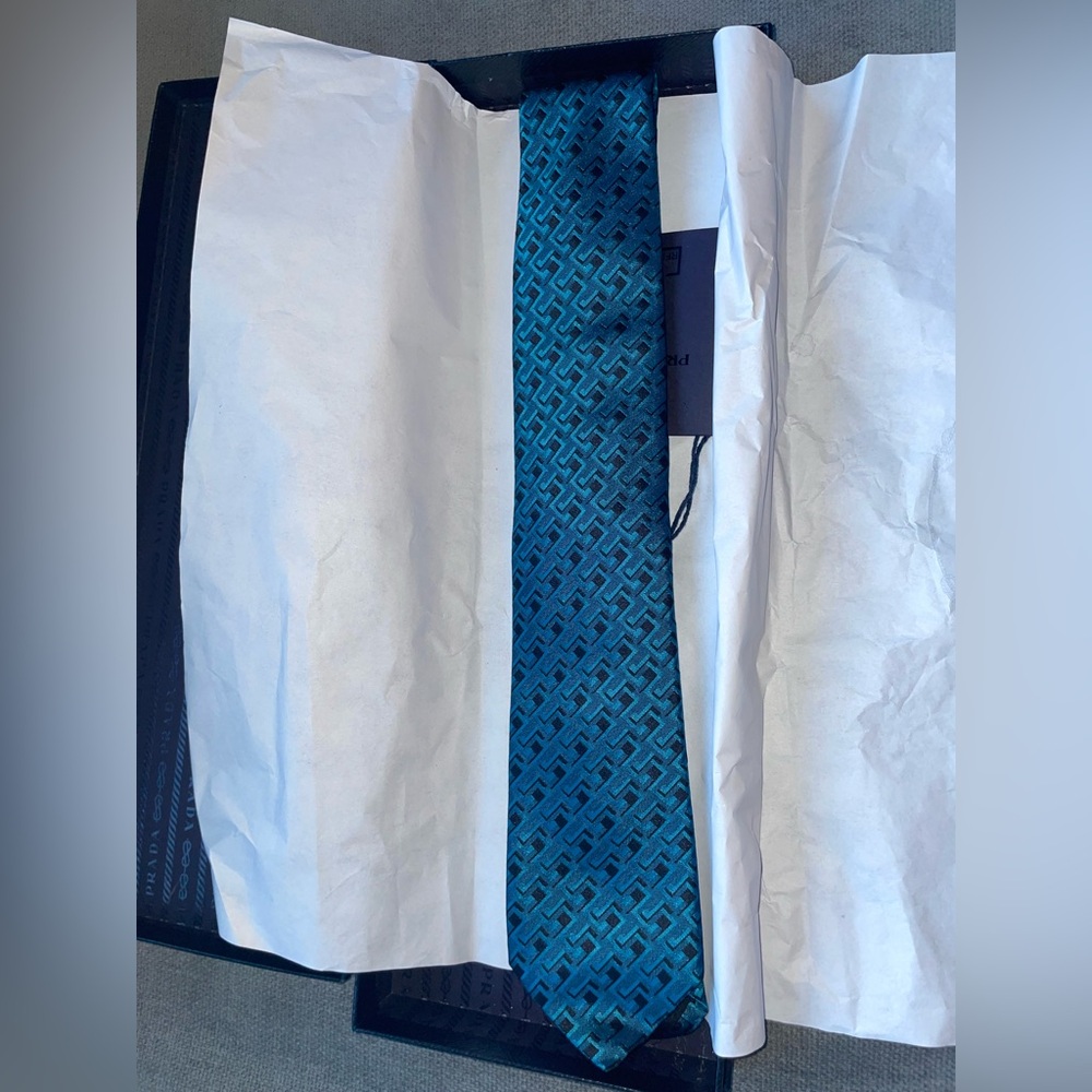 Prada Teal and Black Patterned Tie - Picture 5 of 6